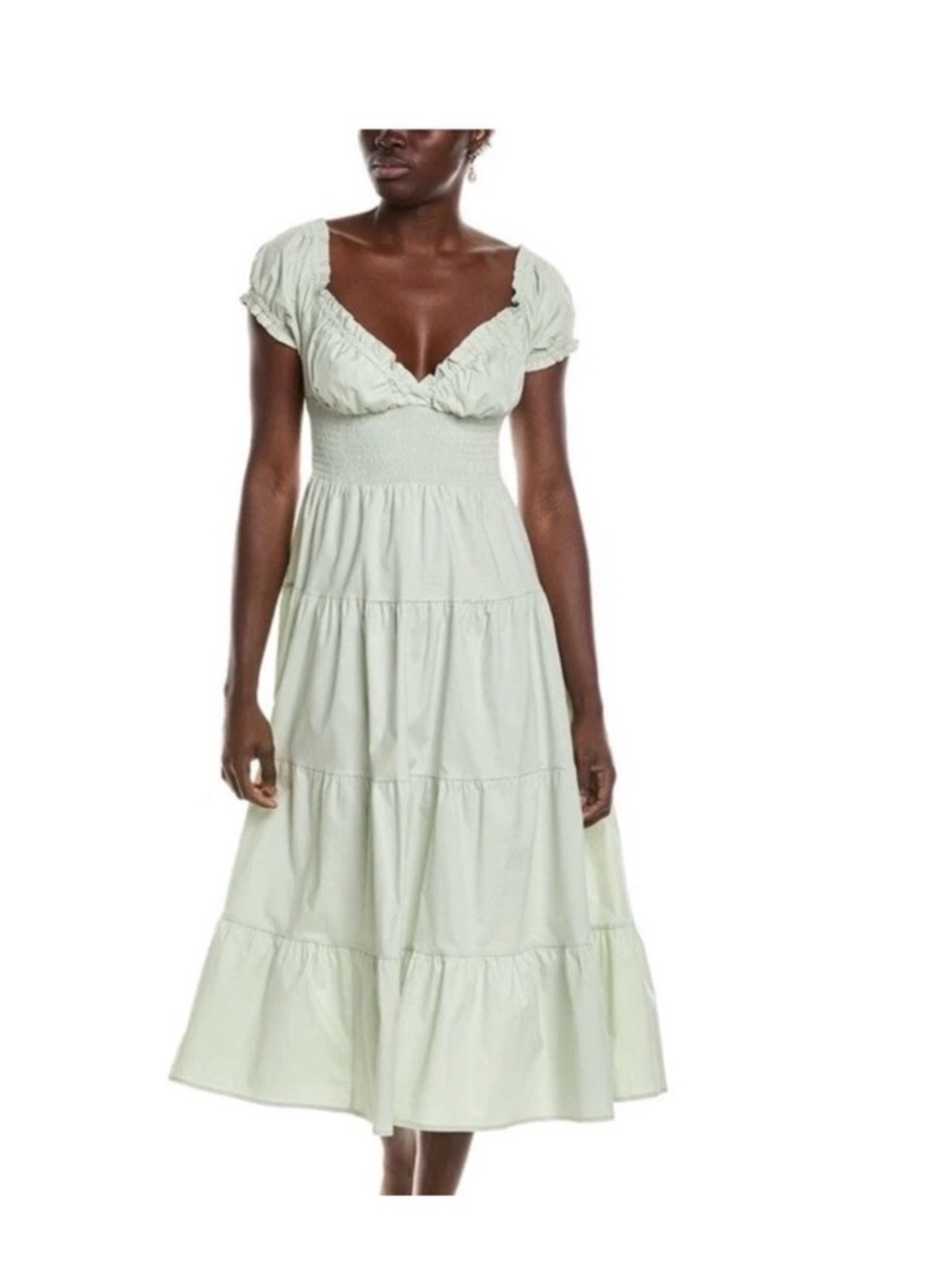 WeWoreWhat Sage Green Smocked Tiered Midi Dress with Puff Sleeves Cotton Poplin